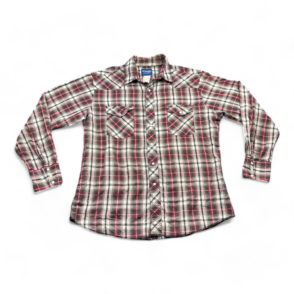 Vintage Wrangler Western Shirt Adult LARGE Red Green Plaid Pearl Snap 90s Cowboy